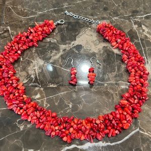 Beaded stone like necklace and earrings red color